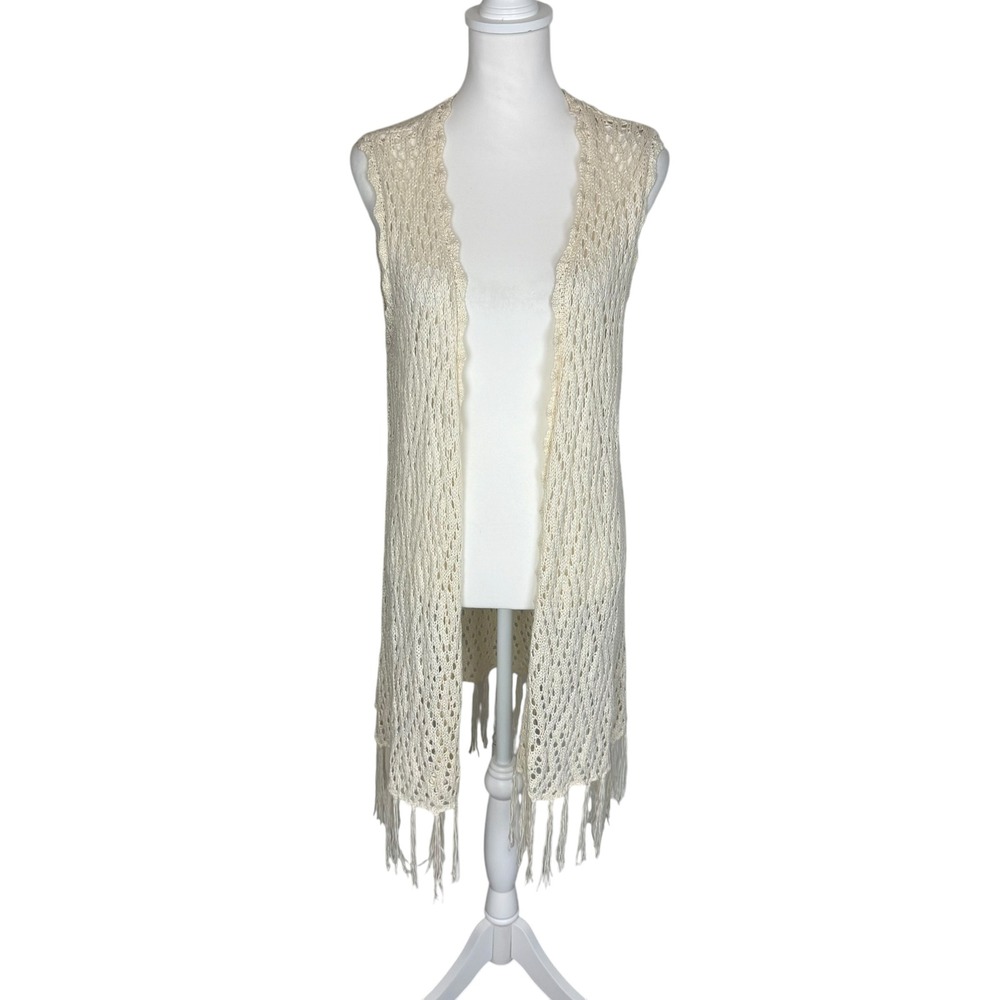 Oh MG! Womens XL Ivory Crochet Fringe Vest Boho Open Knit Longline Duster Cream
